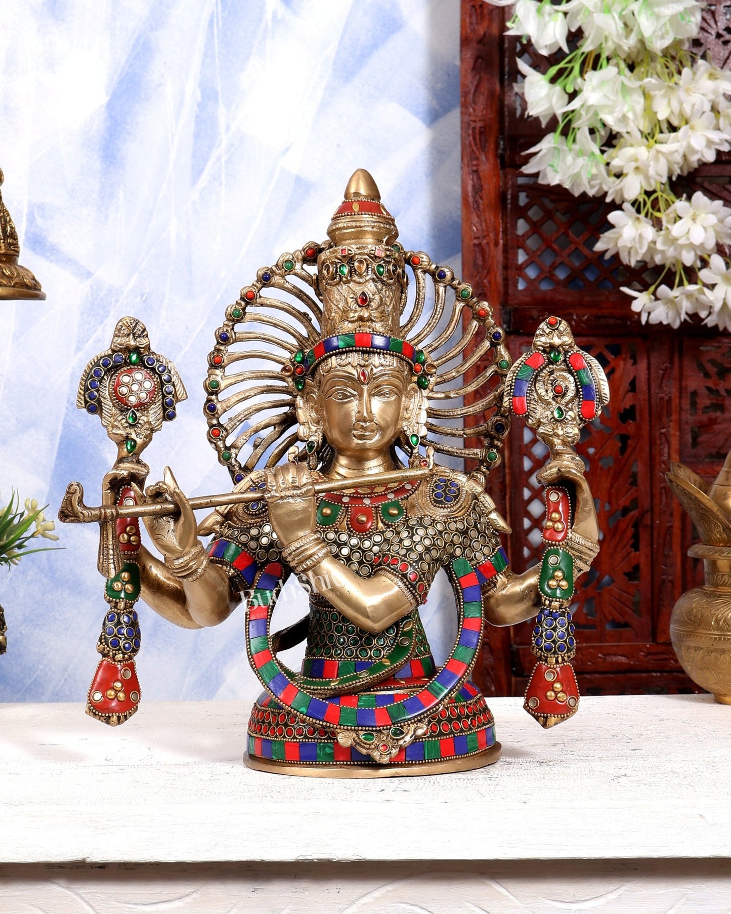 Brass Lord Krishna Bust Table Accent - 13.5 inch with Stonework - Budhshiv.com