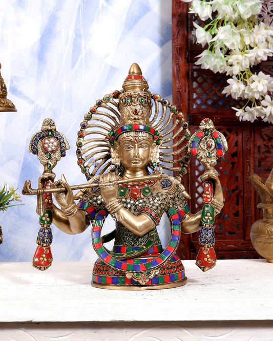 Brass Lord Krishna Bust Table Accent - 13.5 inch with Stonework - Budhshiv.com