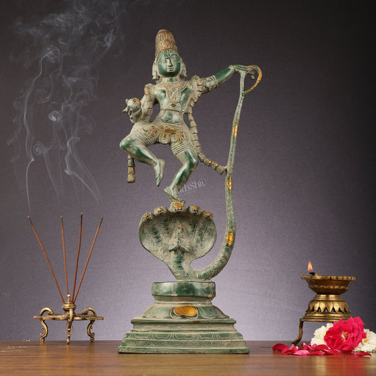 Brass Lord Krishna Dancing on Kaliya Naag Statue - Antique Sand Finish 20" - Budhshiv.com