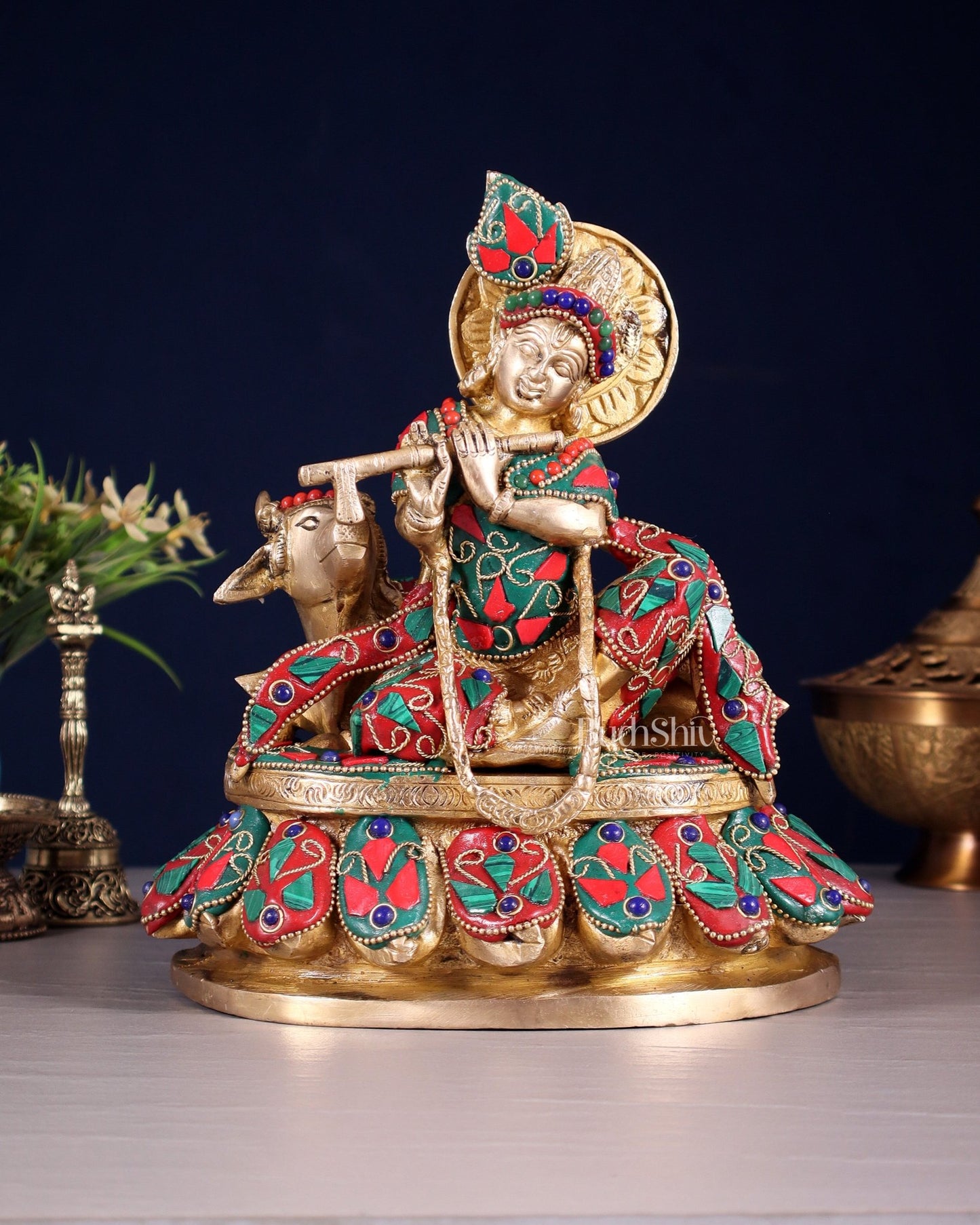 Brass Lord krishna sitting with cow 7.5" - Budhshiv.com