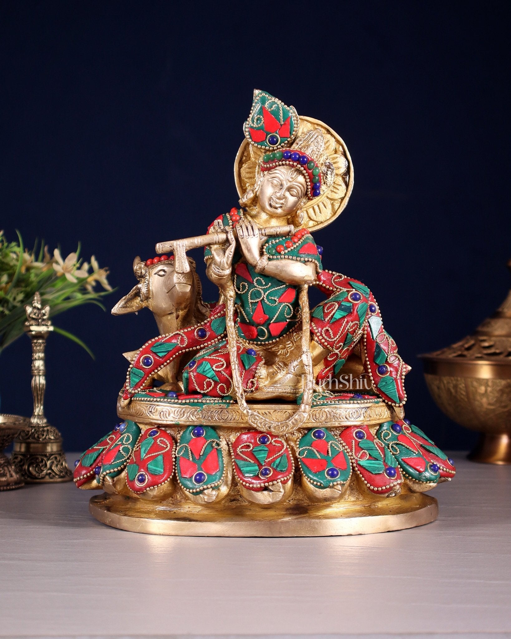 Brass Lord krishna sitting with cow 7.5" - Budhshiv.com