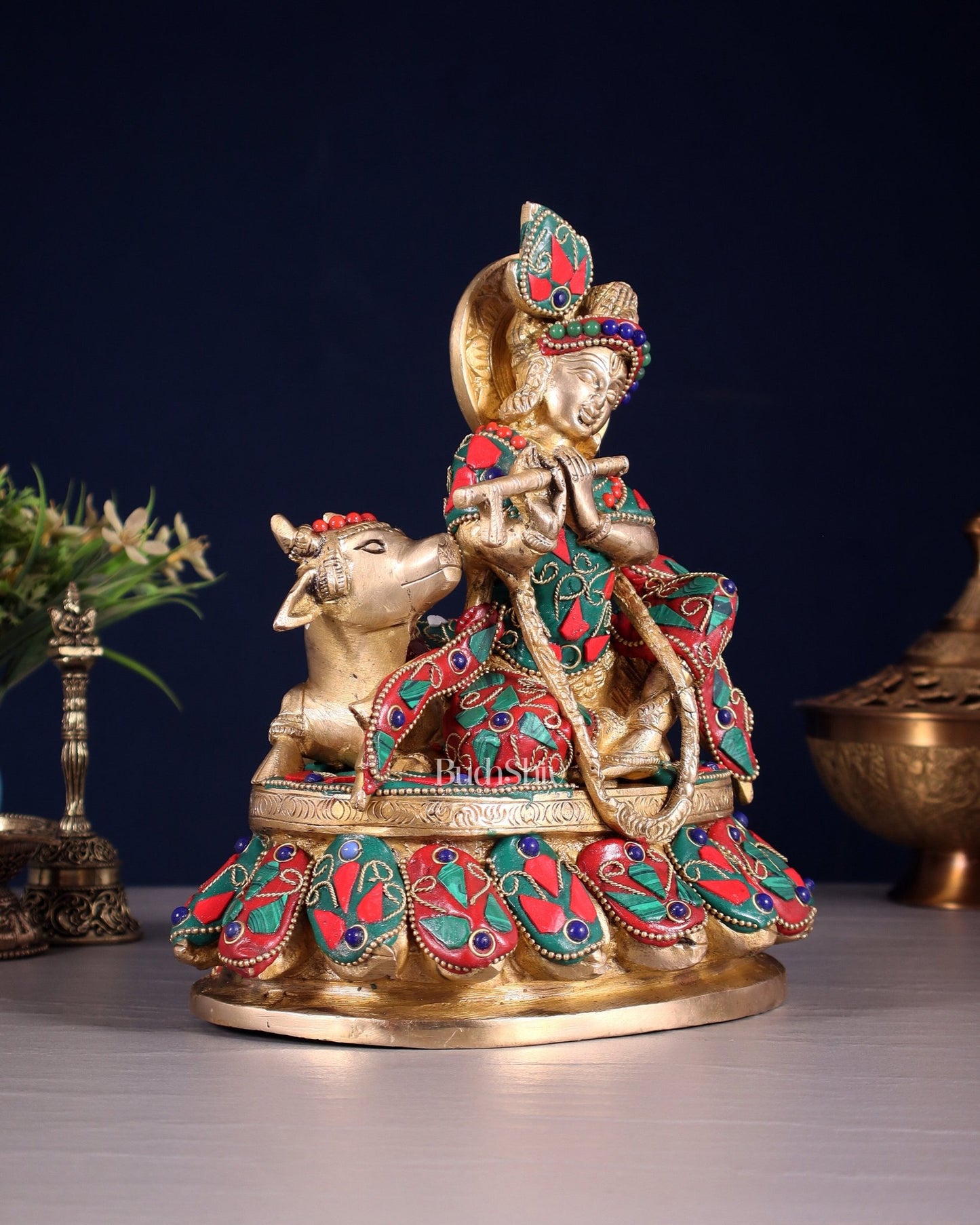 Brass Lord krishna sitting with cow 7.5" - Budhshiv.com