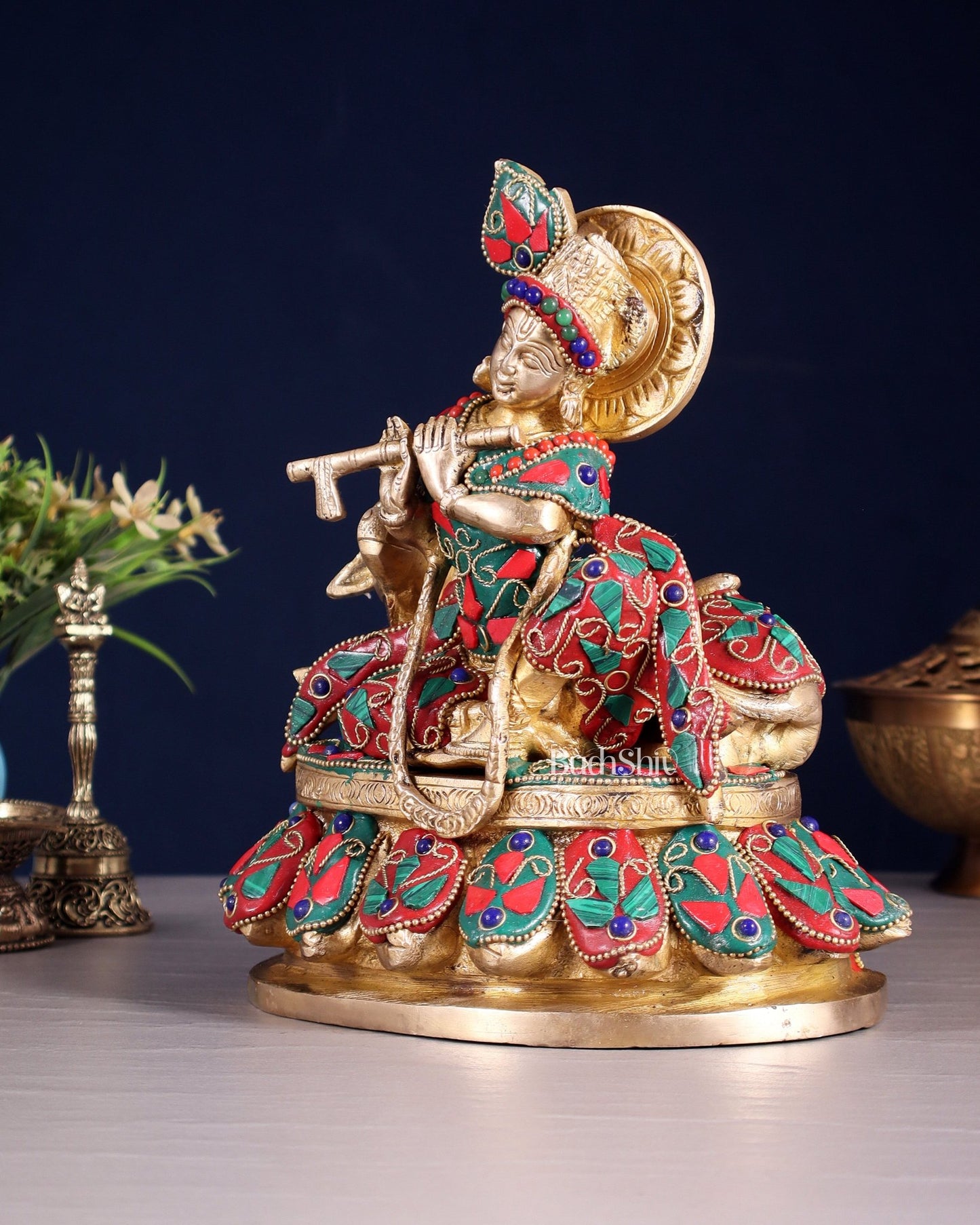 Brass Lord krishna sitting with cow 7.5" - Budhshiv.com