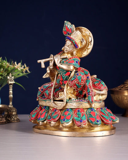 Brass Lord krishna sitting with cow 7.5" - Budhshiv.com