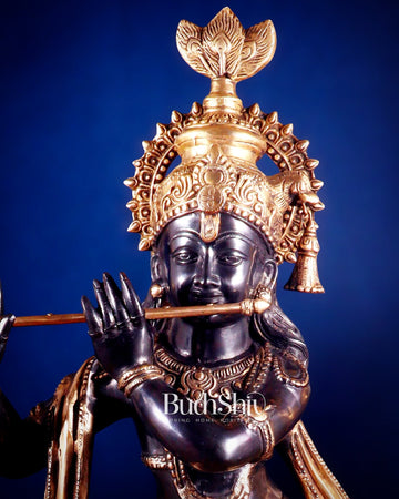 Brass Lord Krishna Statue - 36 inch black edition - Budhshiv.com