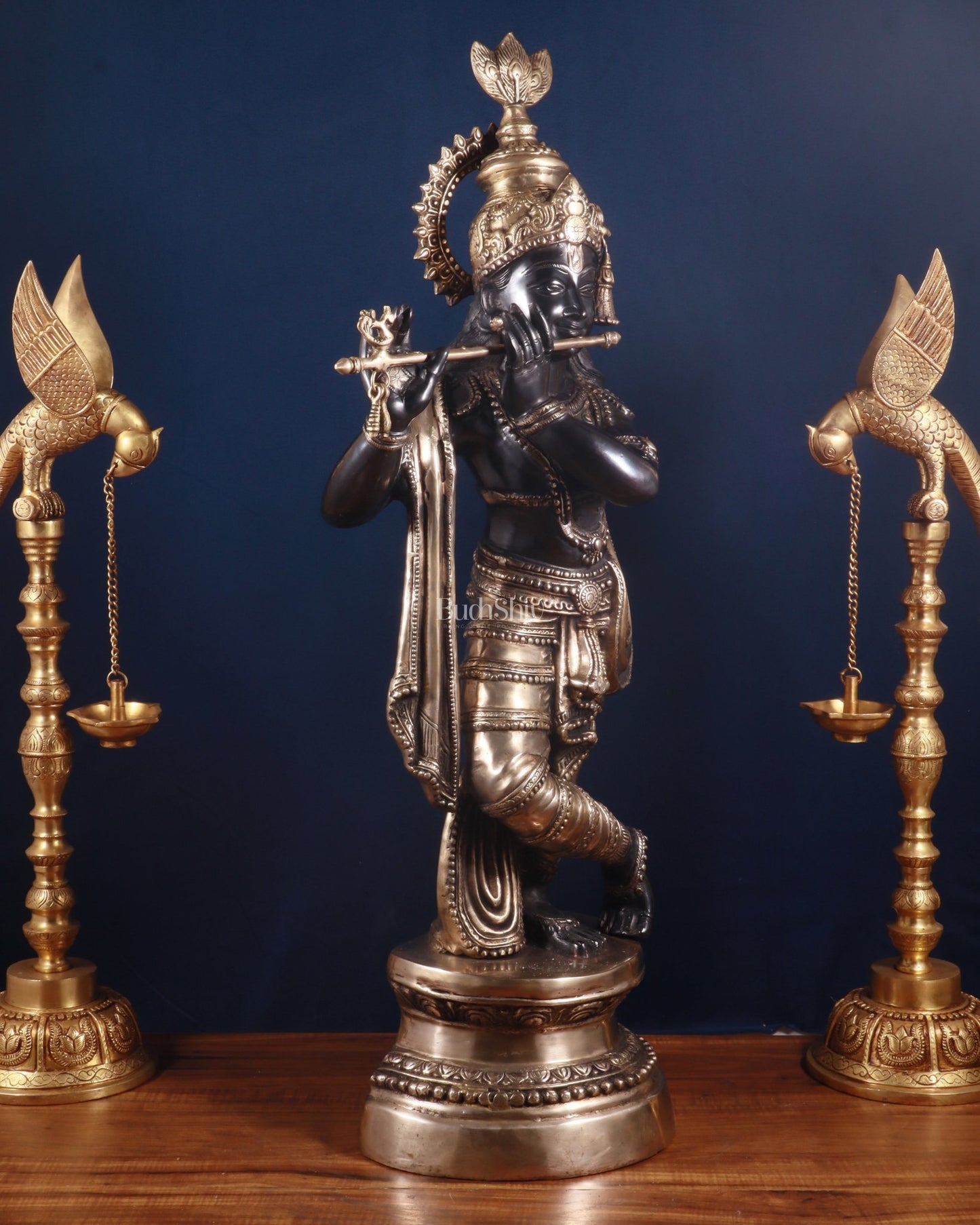 Brass Lord Krishna Statue - 36 inch black edition - Budhshiv.com