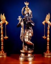 Brass Lord Krishna Statue - 36 inch black edition - Budhshiv.com