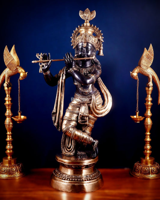 Brass Lord Krishna Statue - 36 inch black edition - Budhshiv.com