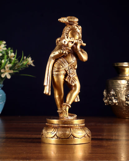 Brass Lord Krishna Statue 6.5" unique stance - Budhshiv.com