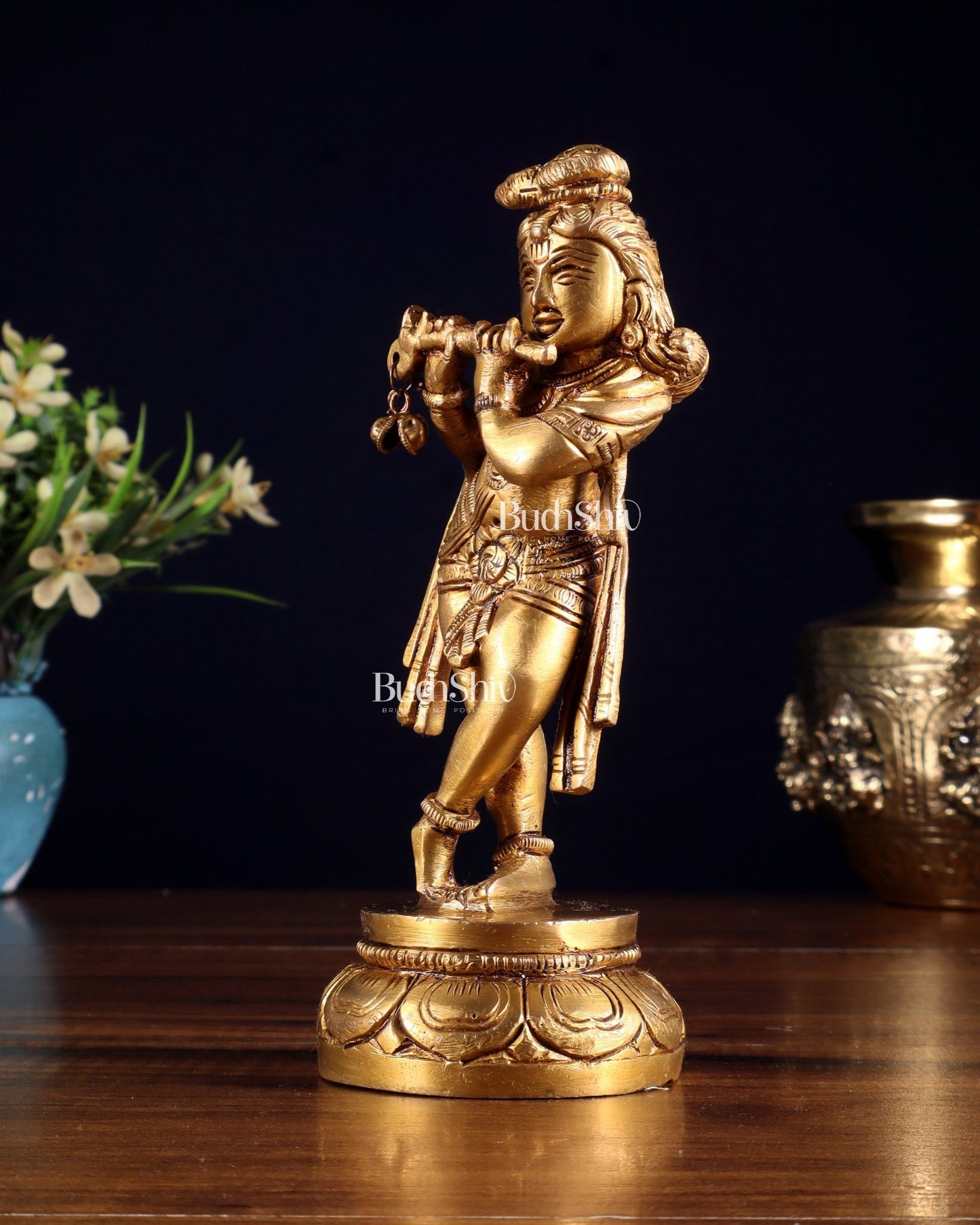 Brass Lord Krishna Statue 6.5" unique stance - Budhshiv.com