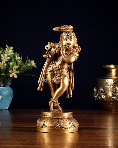 Brass Lord Krishna Statue 6.5" unique stance - Budhshiv.com