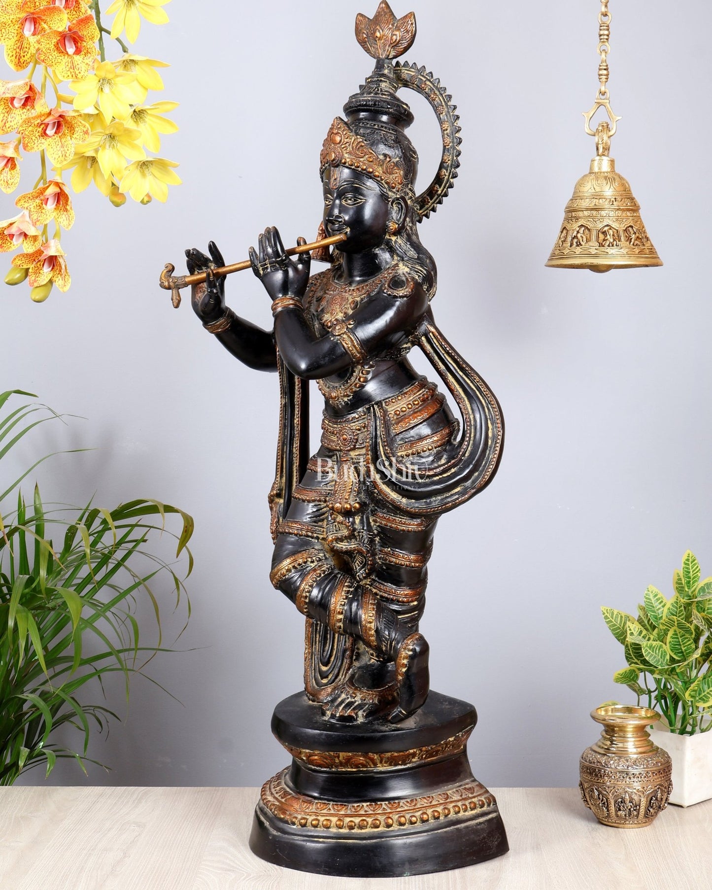 Brass Lord Krishna Statue | Black sand Finish 3 feet - Budhshiv.com