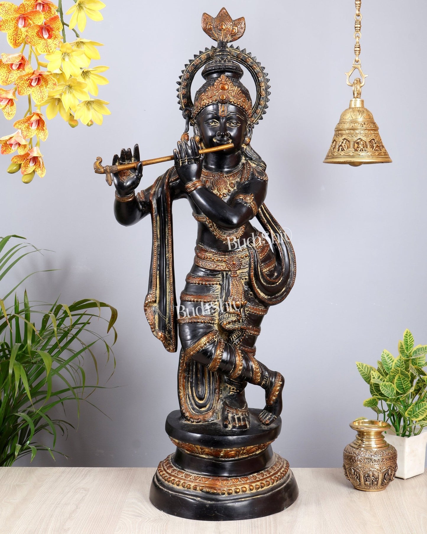Brass Lord Krishna Statue | Black sand Finish 3 feet - Budhshiv.com