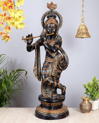 Brass Lord Krishna Statue | Black sand Finish 3 feet - Budhshiv.com