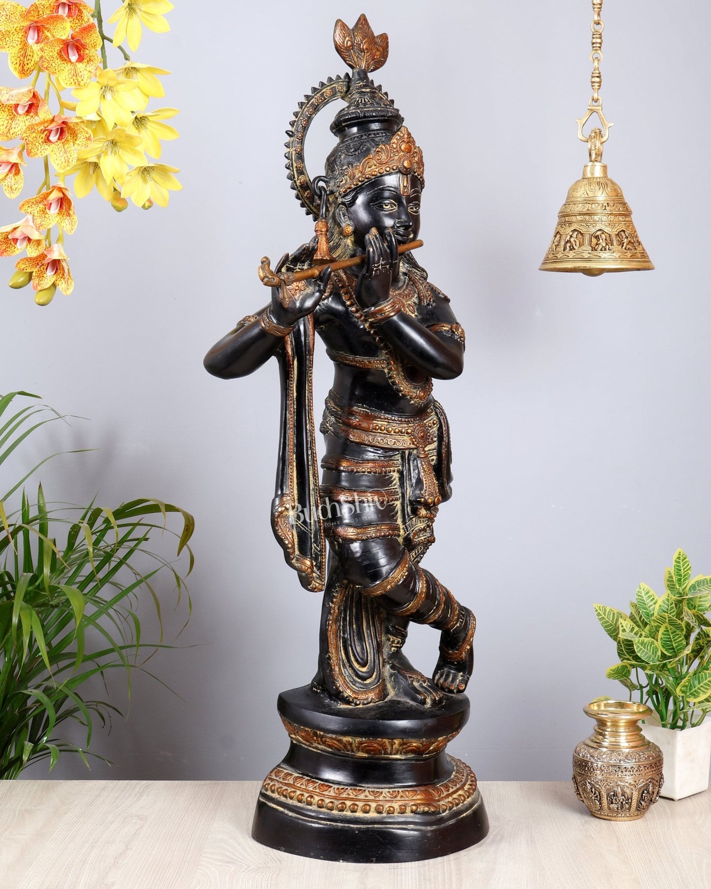Brass Lord Krishna Statue | Black sand Finish 3 feet - Budhshiv.com