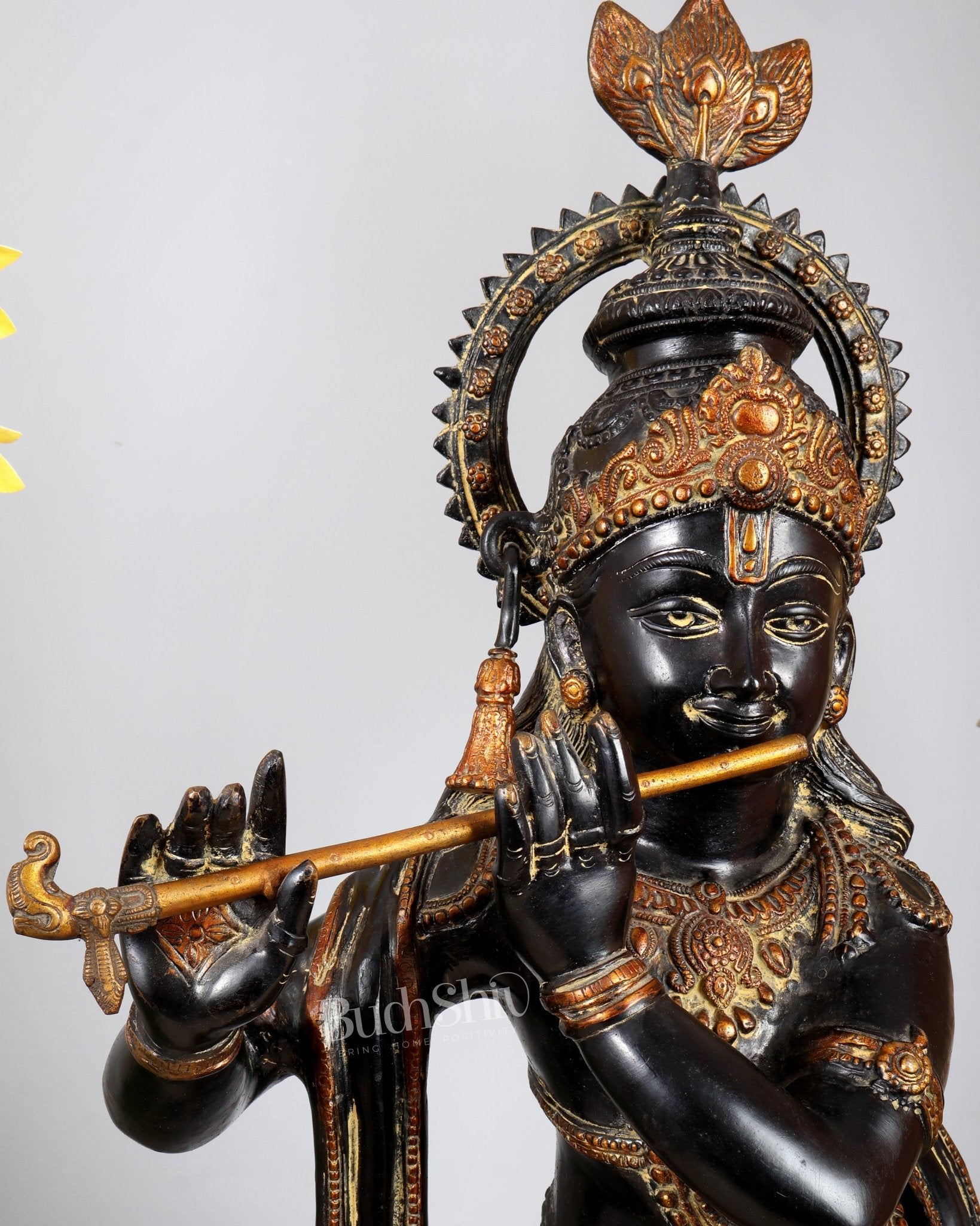 Brass Lord Krishna Statue | Black sand Finish 3 feet - Budhshiv.com