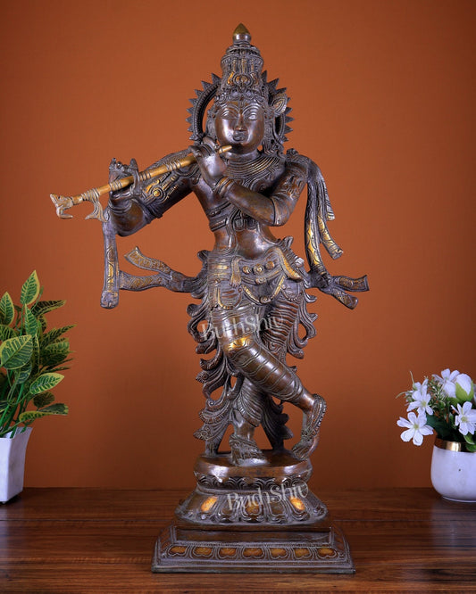 Brass Lord Krishna Statue – Copper Tone Finish 26 inch - Budhshiv.com