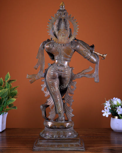 Brass Lord Krishna Statue – Copper Tone Finish 26 inch - Budhshiv.com
