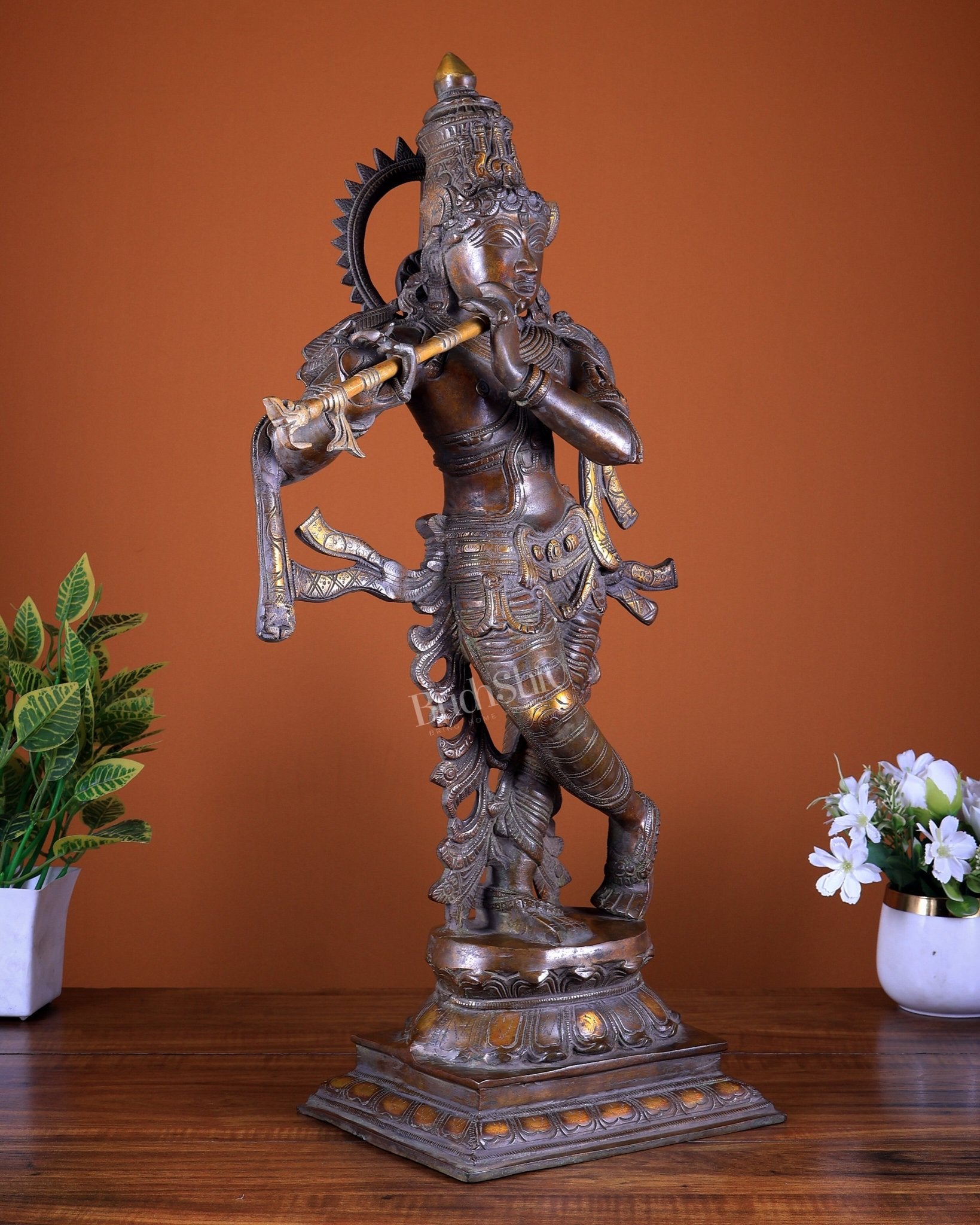 Brass Lord Krishna Statue – Copper Tone Finish 26 inch - Budhshiv.com