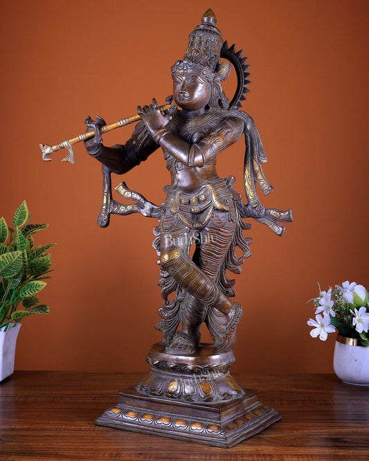 Brass Lord Krishna Statue – Copper Tone Finish 26 inch - Budhshiv.com