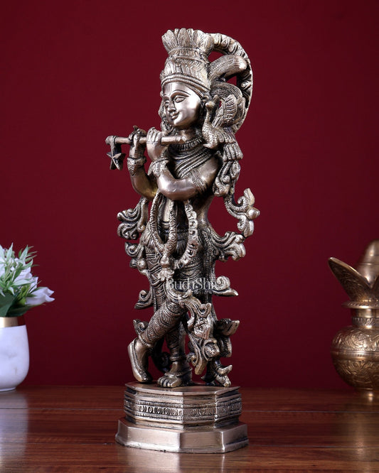 Brass Lord Krishna Statue – Intricately Handcrafted 13.5 inch - Budhshiv.com