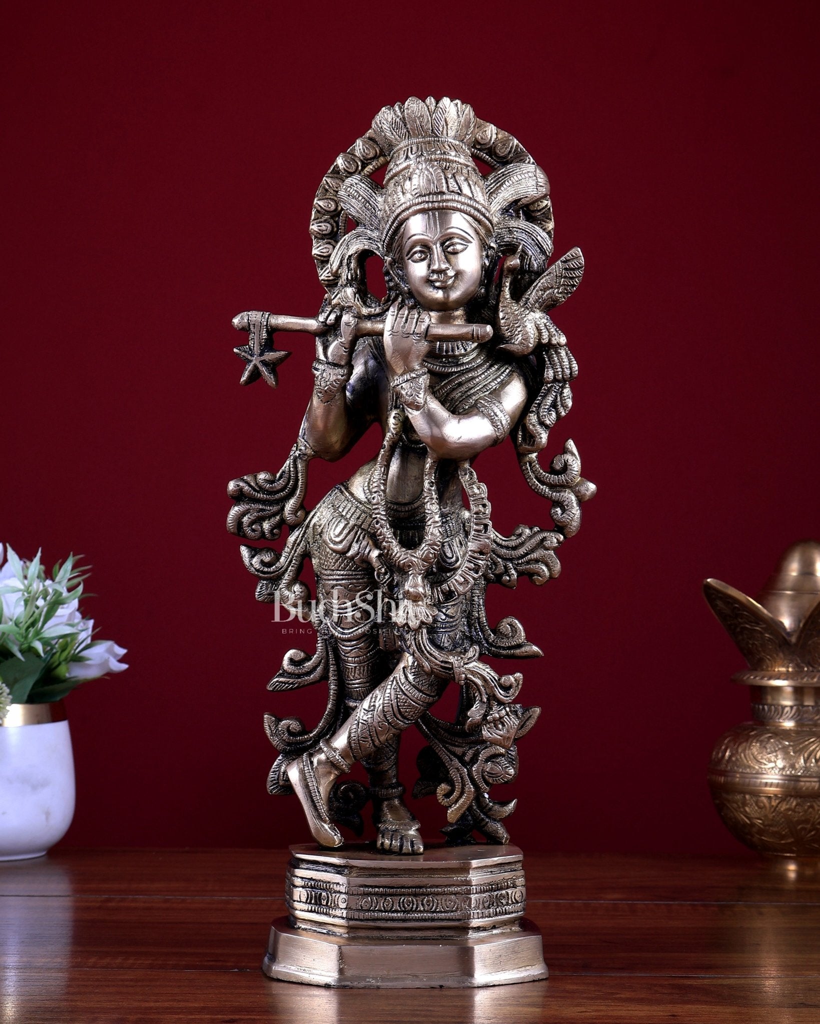 Brass Lord Krishna Statue – Intricately Handcrafted 13.5 inch - Budhshiv.com