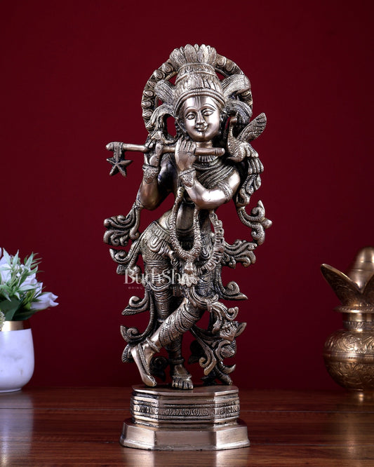 Brass Lord Krishna Statue – Intricately Handcrafted 13.5 inch - Budhshiv.com