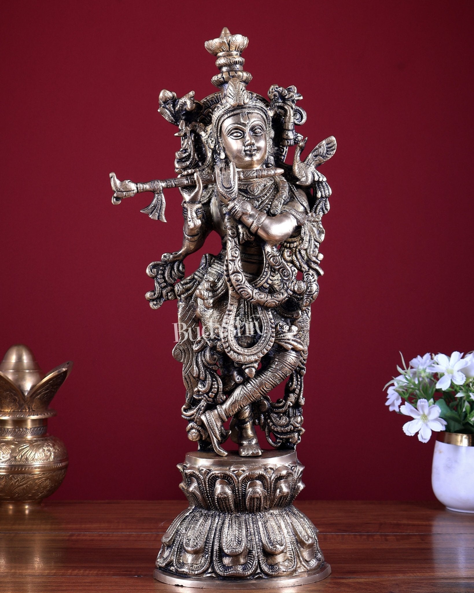 Brass Lord Krishna Statue – Intricately Handcrafted 18 inch - Budhshiv.com