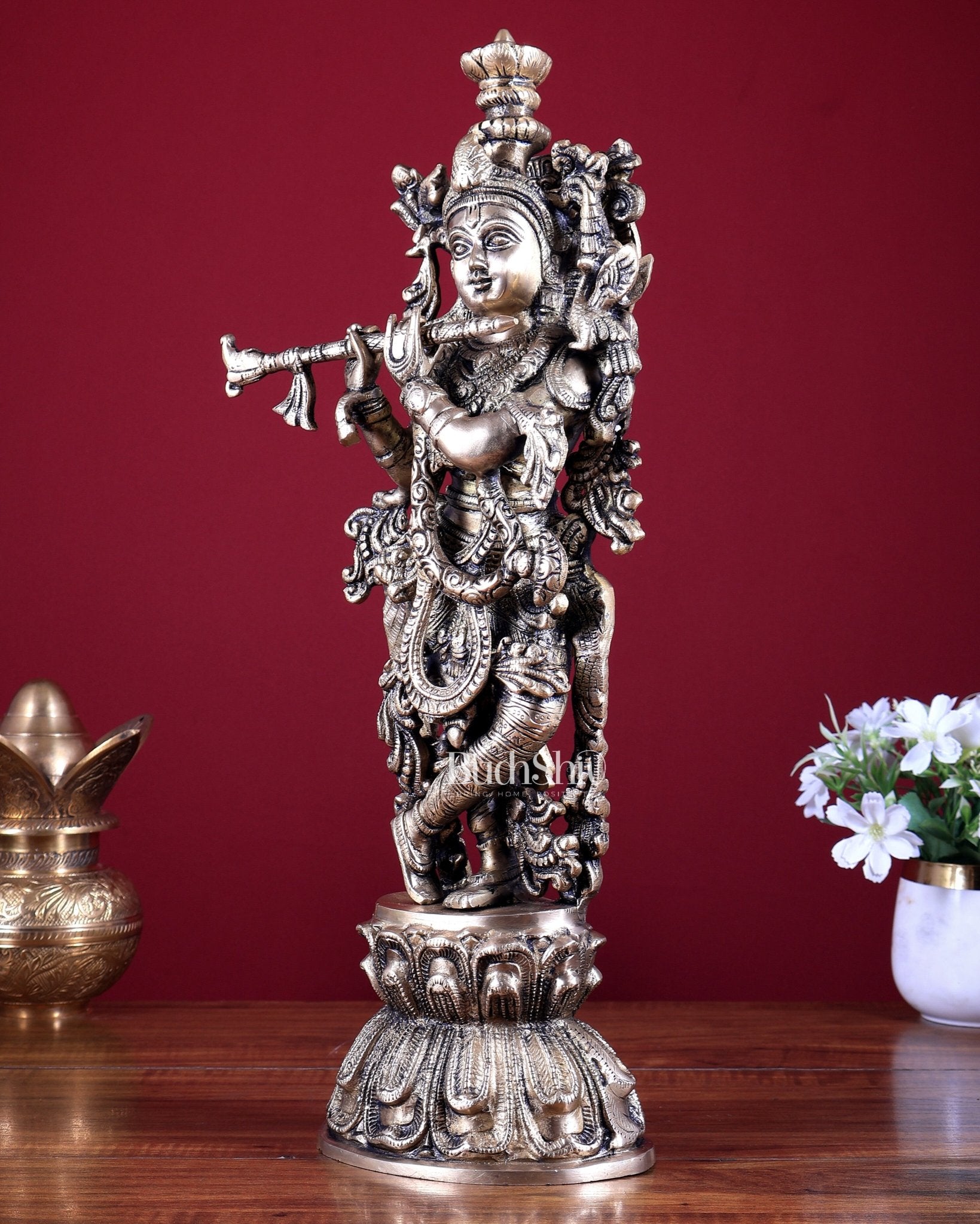 Brass Lord Krishna Statue – Intricately Handcrafted 18 inch - Budhshiv.com
