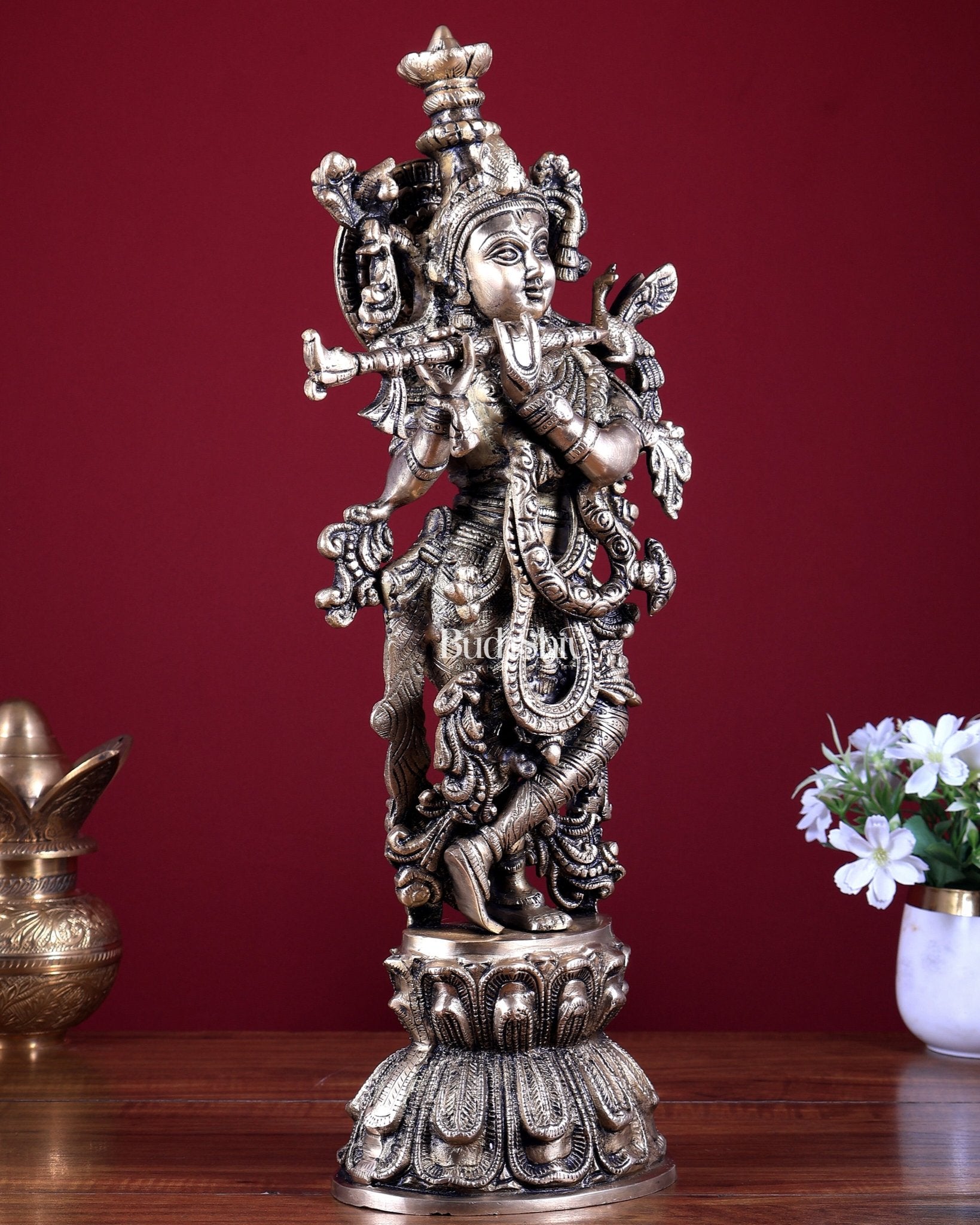 Brass Lord Krishna Statue – Intricately Handcrafted 18 inch - Budhshiv.com