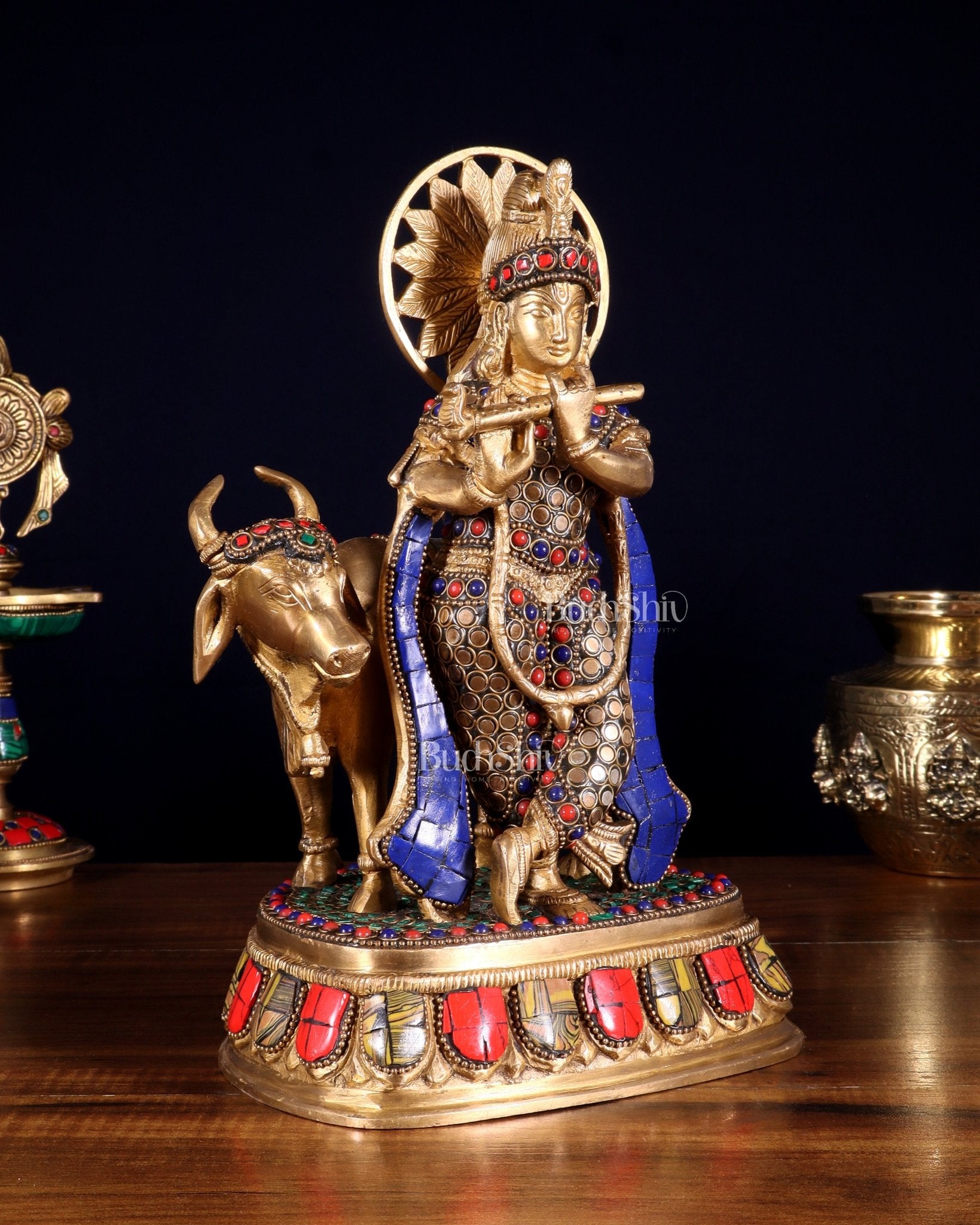 Brass Lord Krishna Statue with cow idol 9" - Budhshiv.com