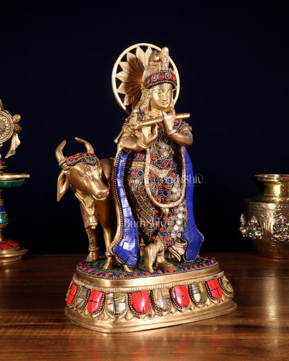 Brass Lord Krishna Statue with cow idol 9" - Budhshiv.com