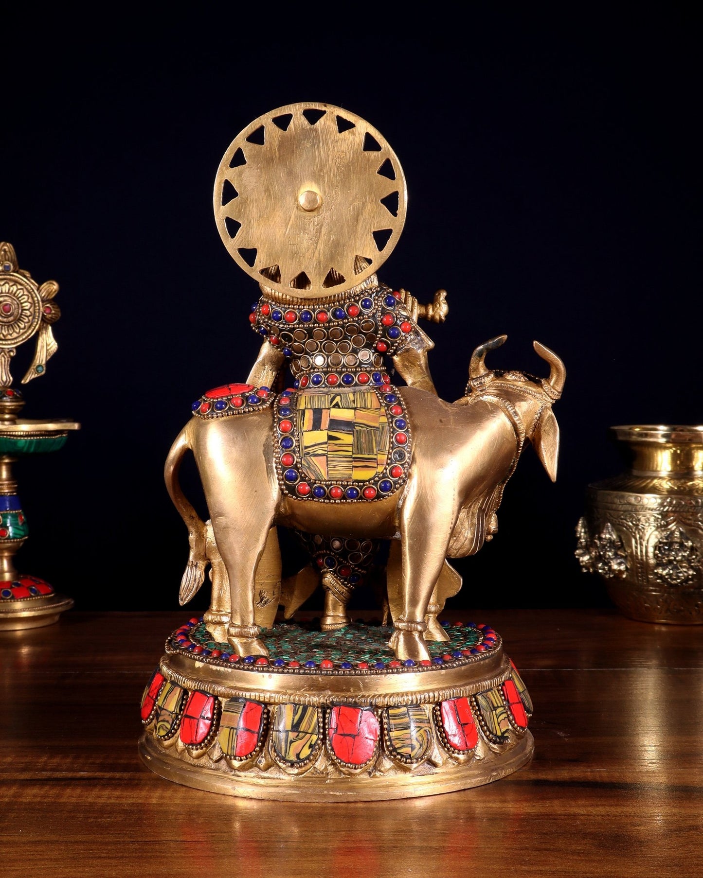 Brass Lord Krishna Statue with cow idol 9" - Budhshiv.com