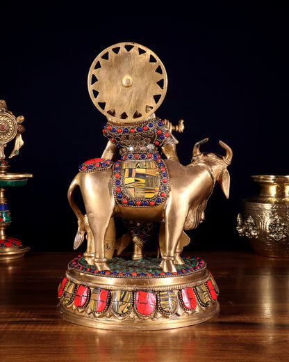 Brass Lord Krishna Statue with cow idol 9" - Budhshiv.com