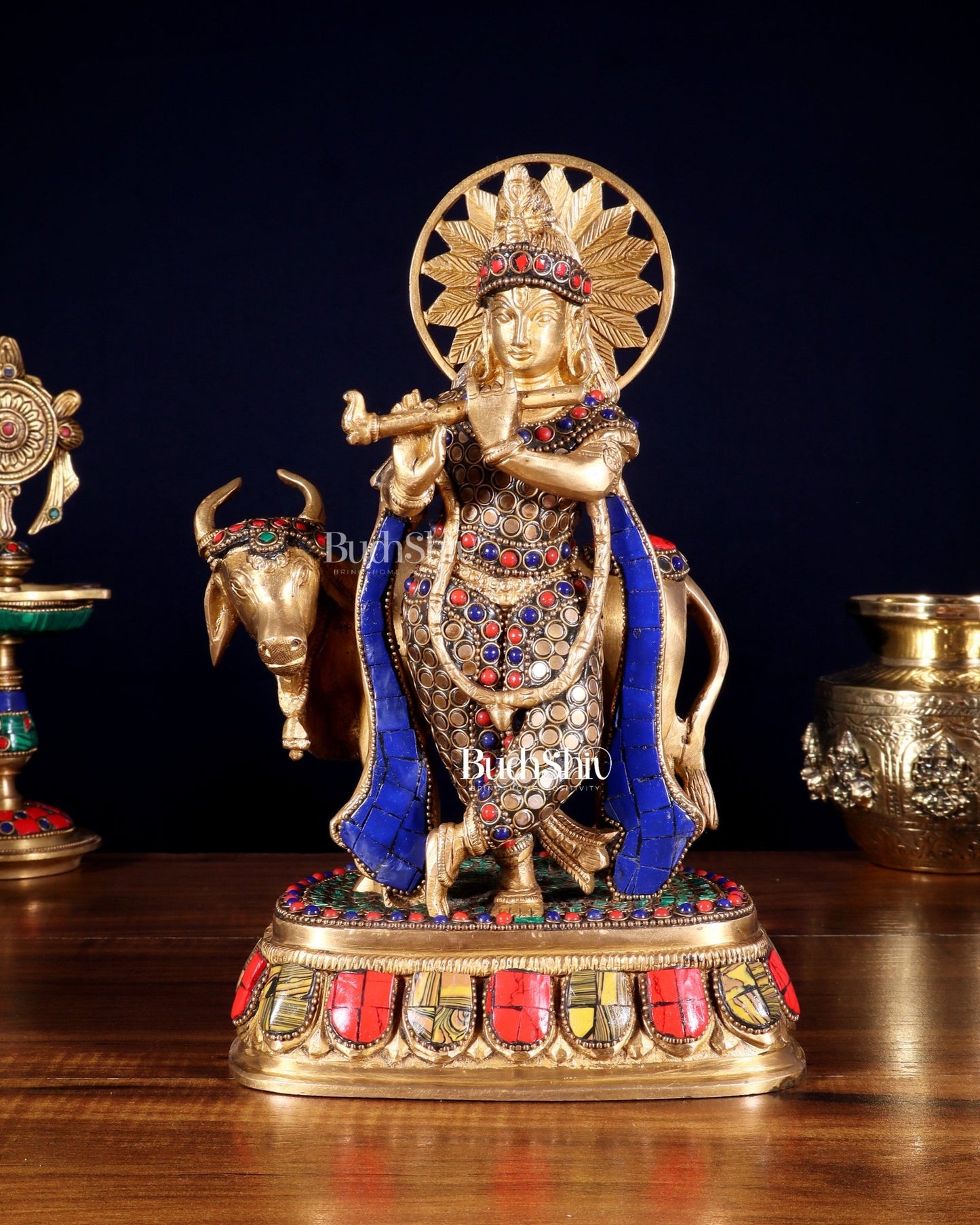Brass Lord Krishna Statue with cow idol 9" - Budhshiv.com
