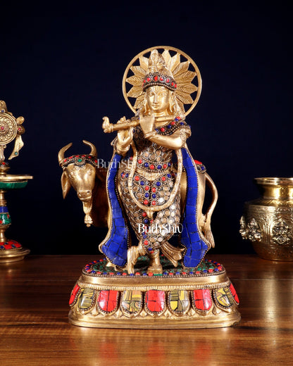 Brass Lord Krishna Statue with cow idol 9" - Budhshiv.com