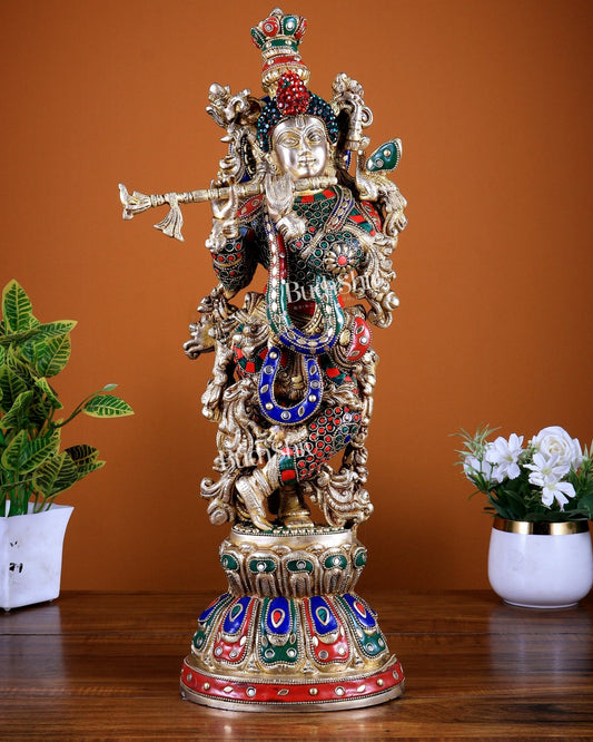 Brass Lord Krishna Statue with Stonework 21 inch tall - Budhshiv.com