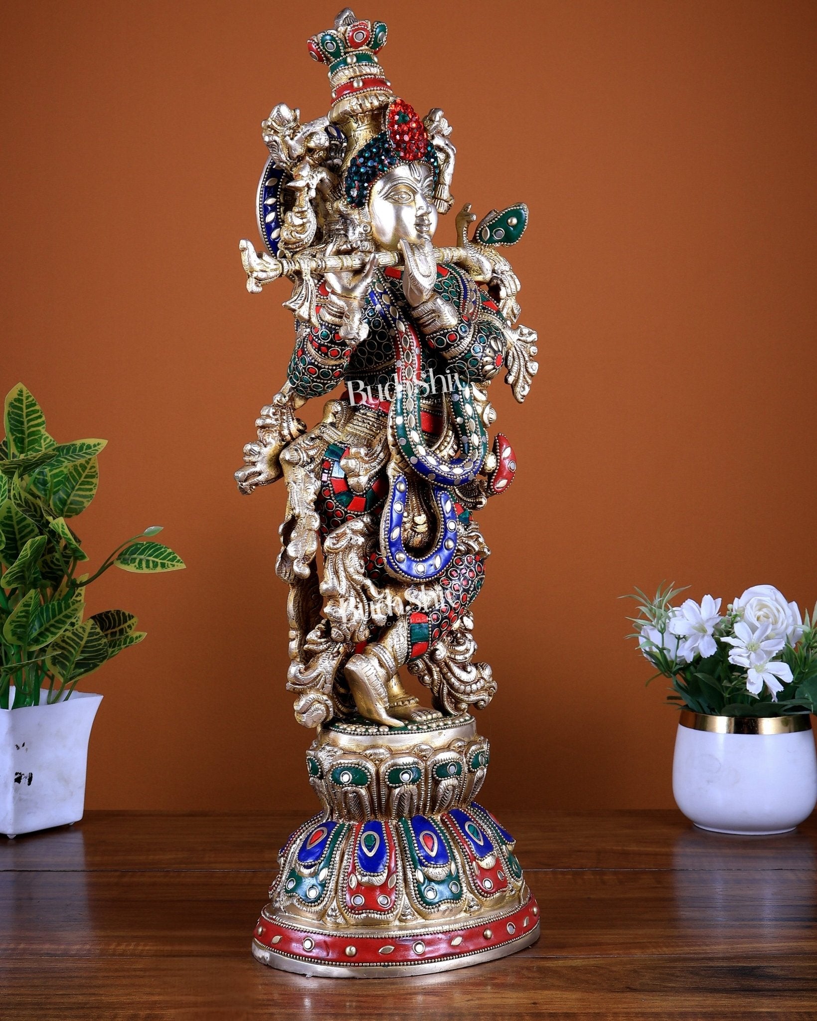 Brass Lord Krishna Statue with Stonework 21 inch tall - Budhshiv.com