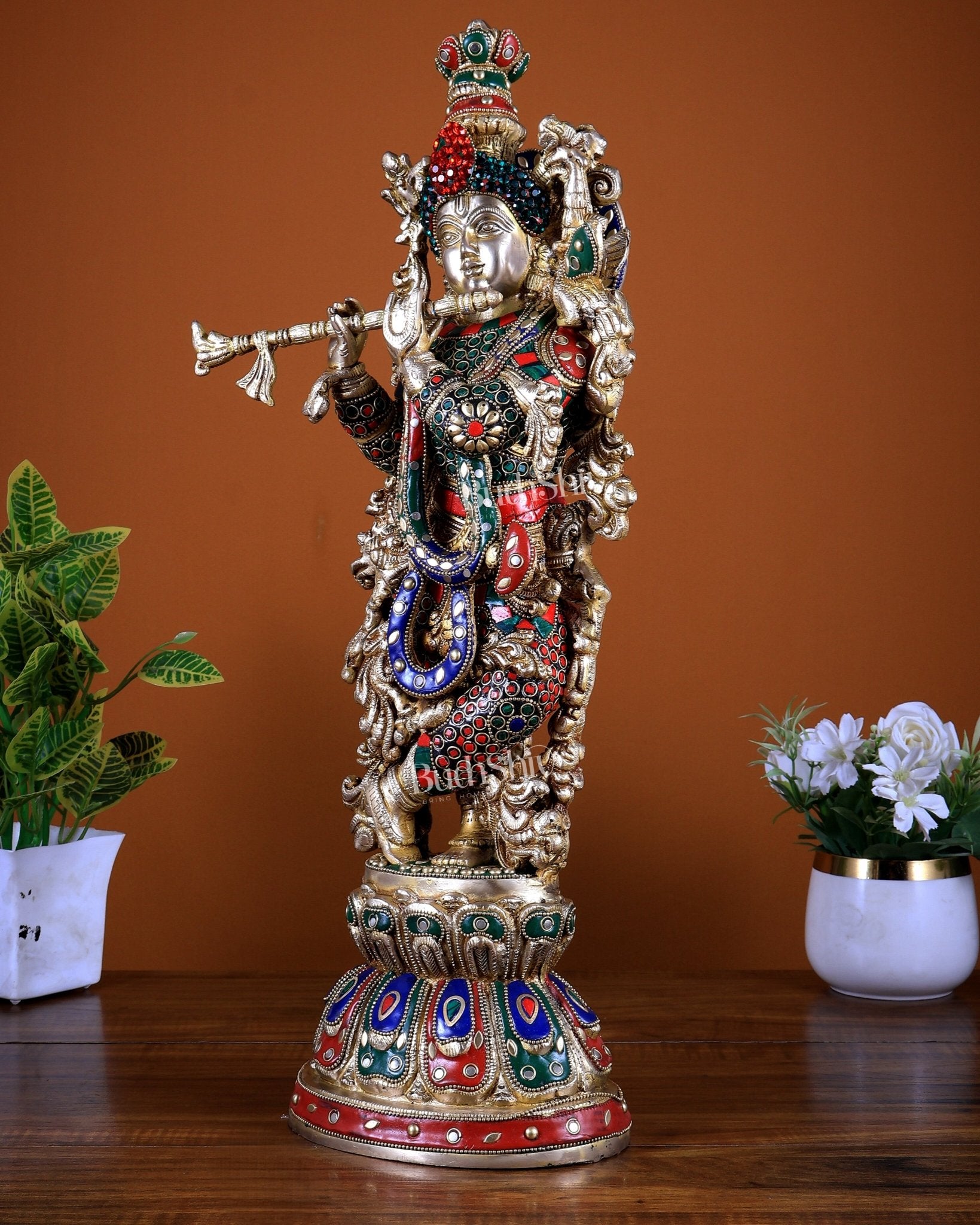 Brass Lord Krishna Statue with Stonework 21 inch tall - Budhshiv.com