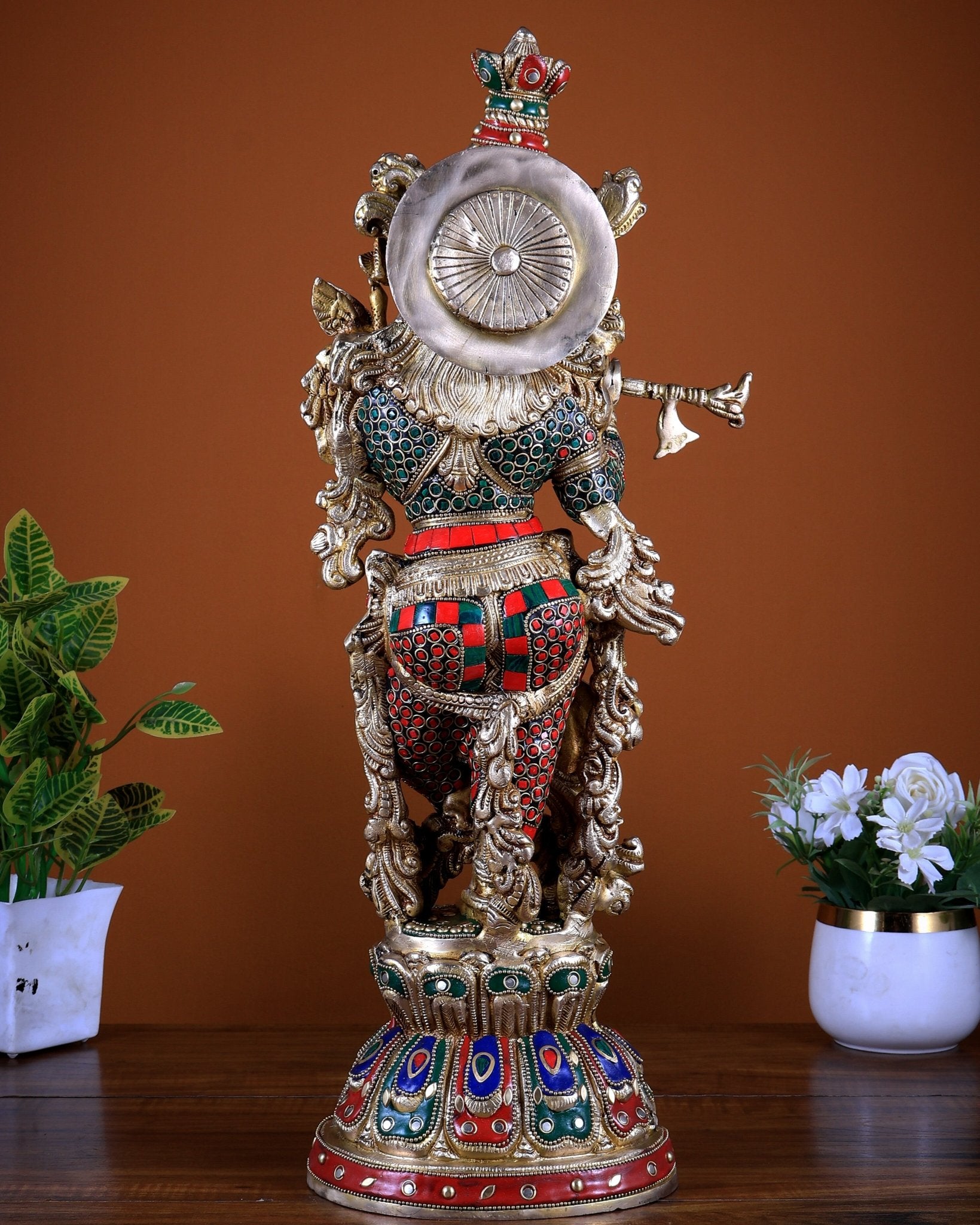 Brass Lord Krishna Statue with Stonework 21 inch tall - Budhshiv.com