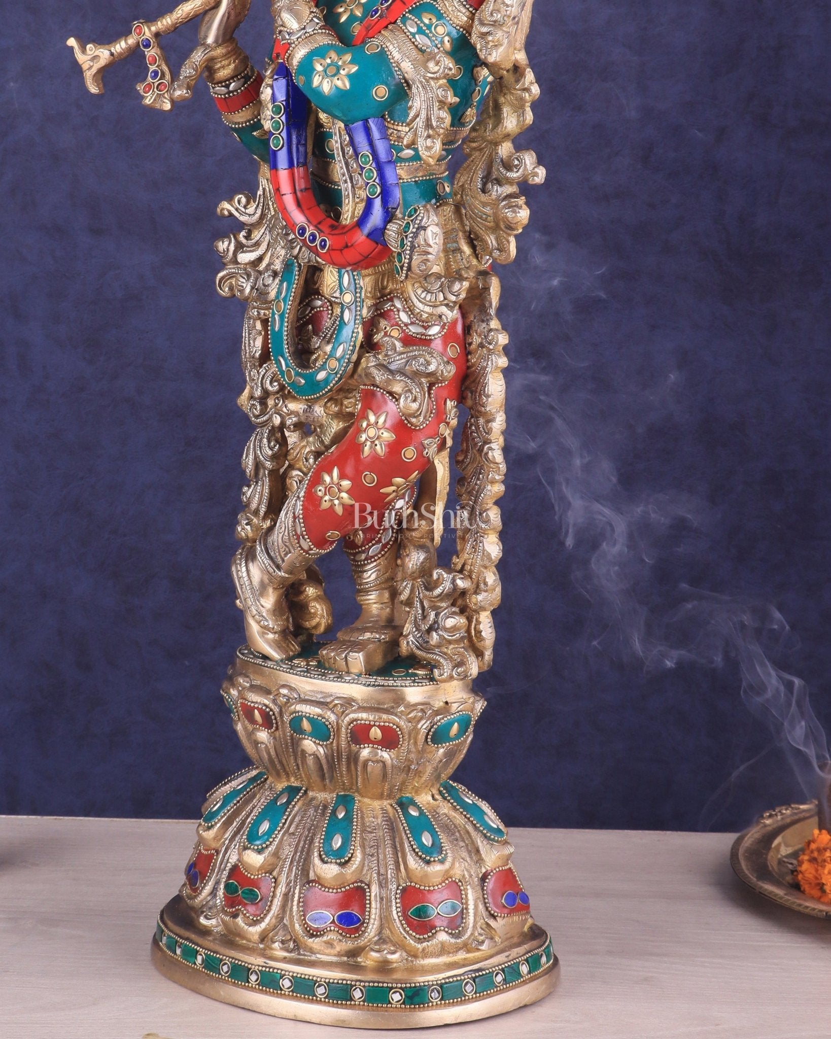 Brass Lord Krishna Statue with stonework 25 inch - Budhshiv.com