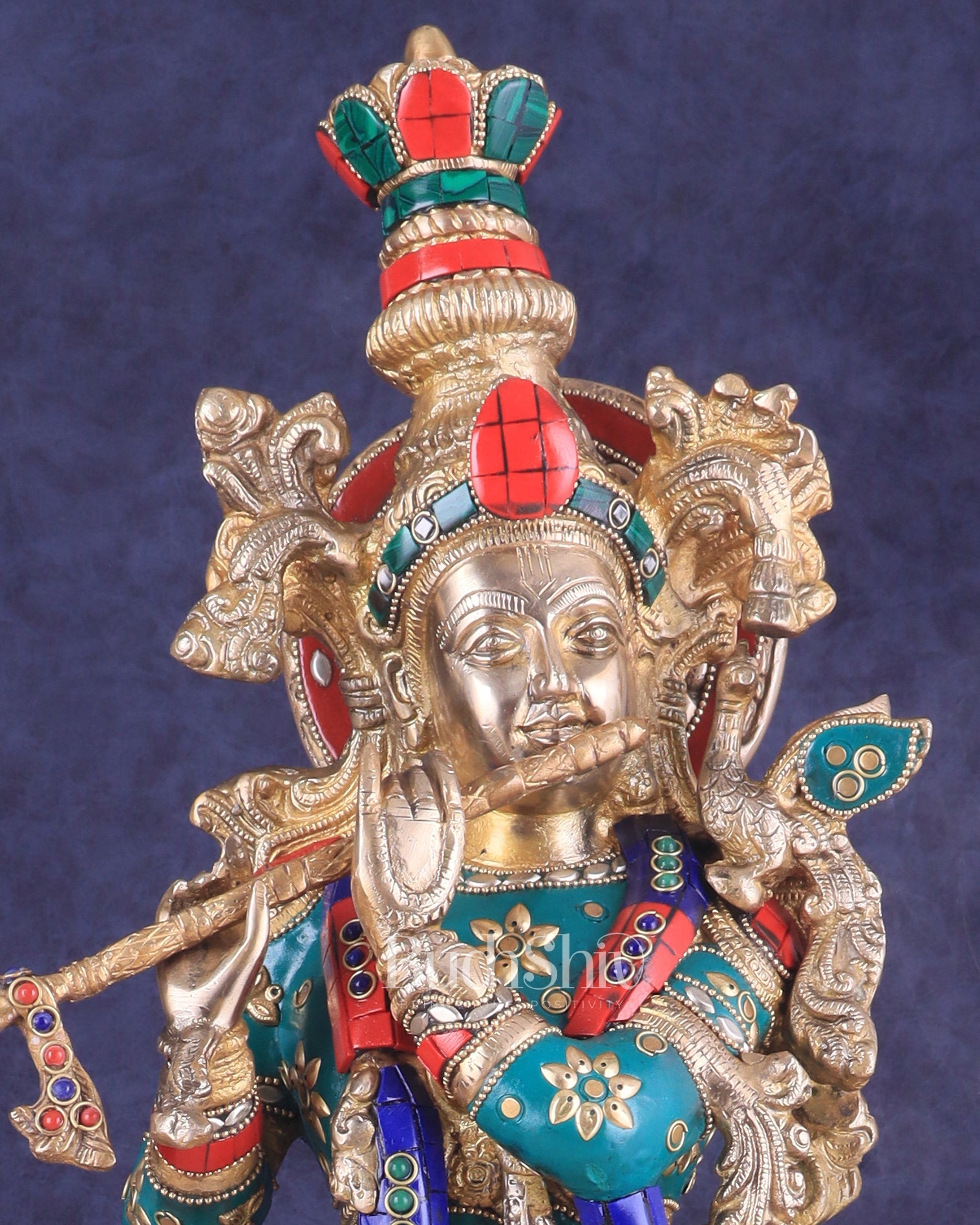 Brass Lord Krishna Statue with stonework 25 inch - Budhshiv.com