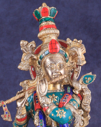 Brass Lord Krishna Statue with stonework 25 inch - Budhshiv.com