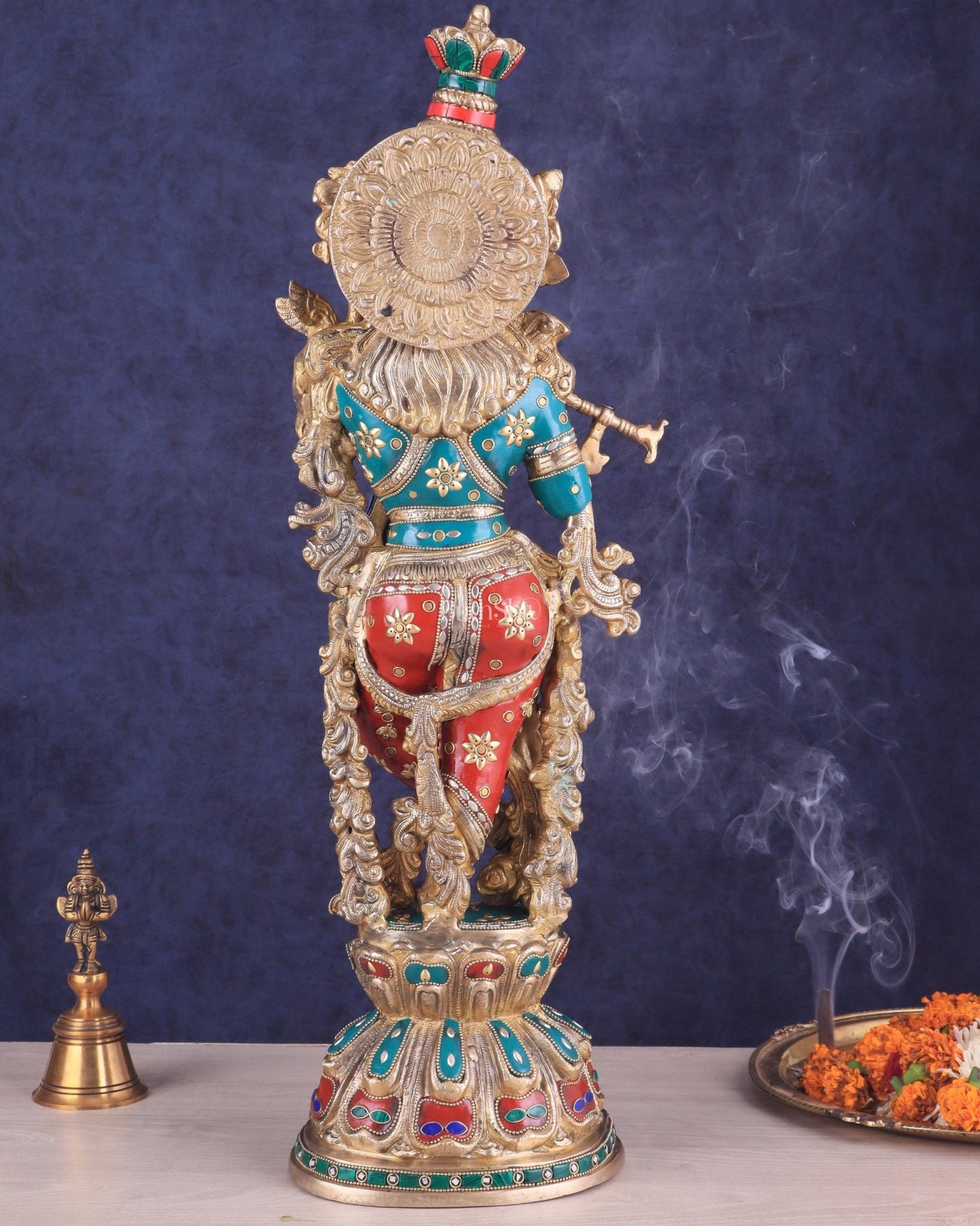 Brass Lord Krishna Statue with stonework 25 inch - Budhshiv.com