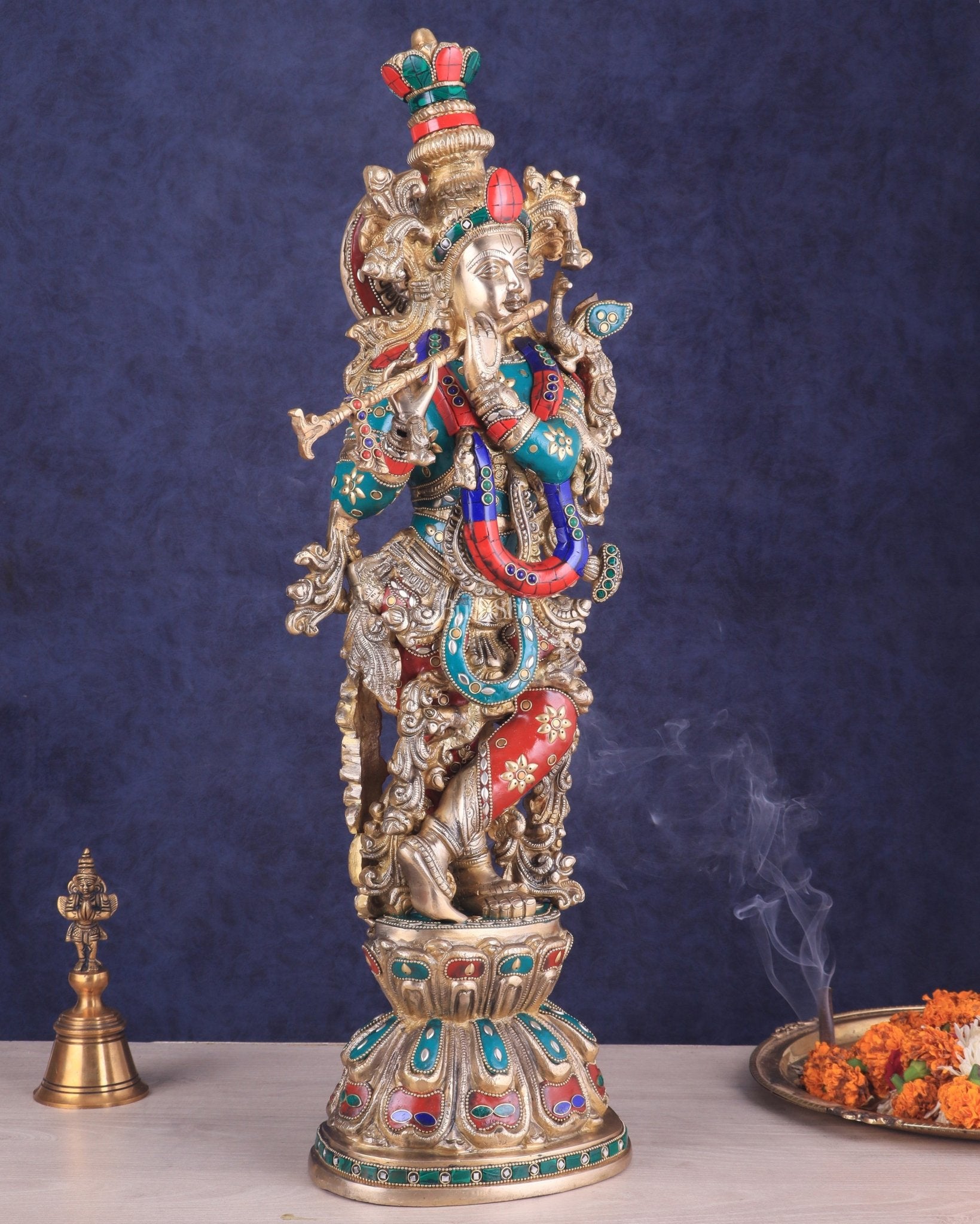 Brass Lord Krishna Statue with stonework 25 inch - Budhshiv.com