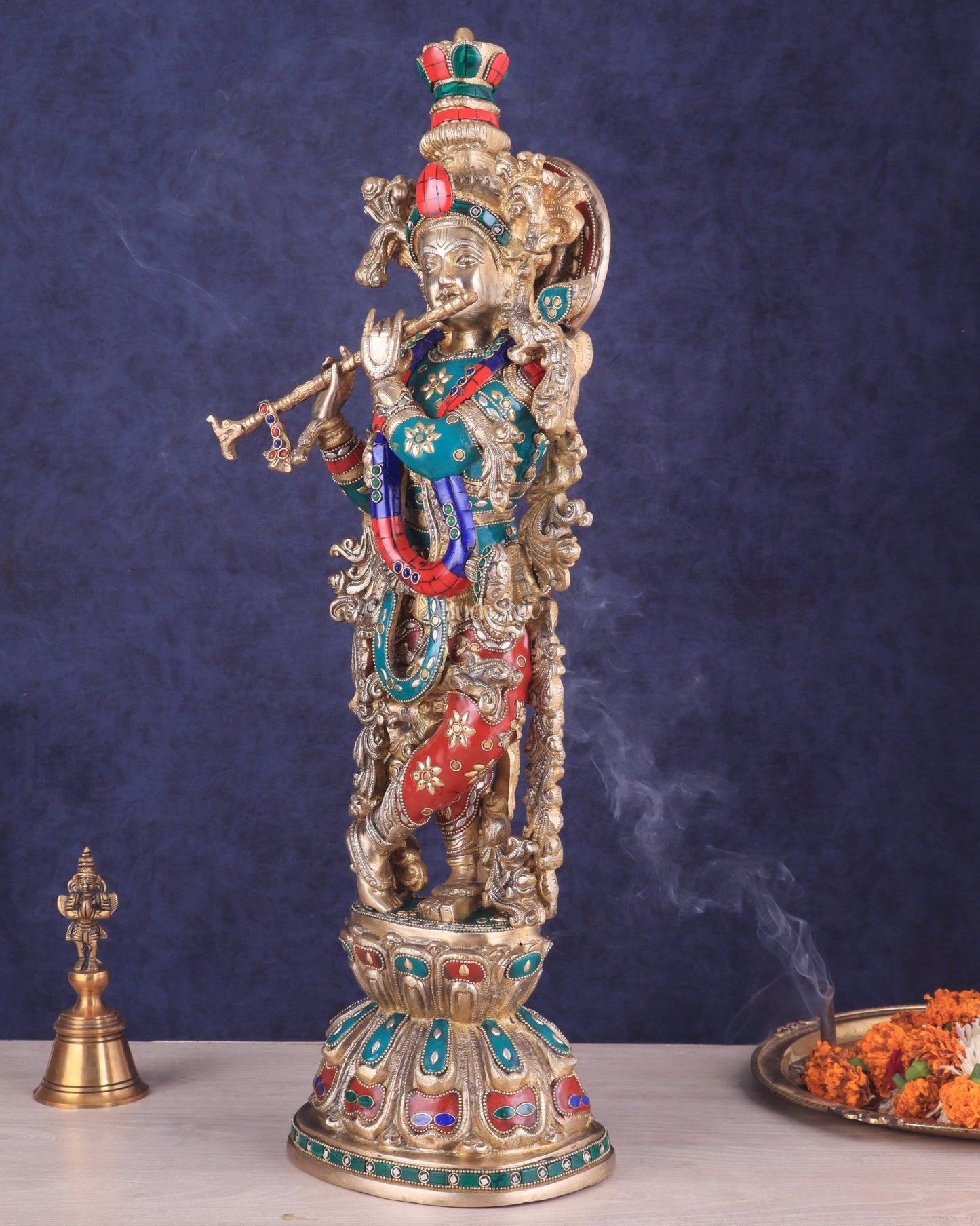 Brass Lord Krishna Statue with stonework 25 inch - Budhshiv.com