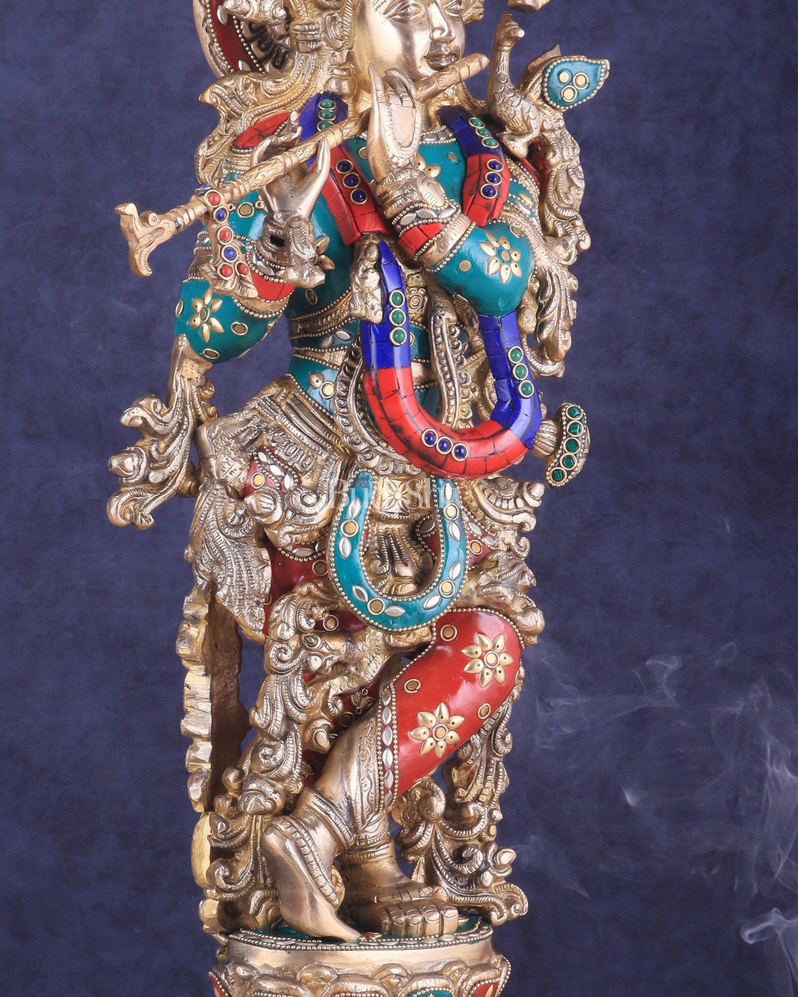 Brass Lord Krishna Statue with stonework 25 inch - Budhshiv.com