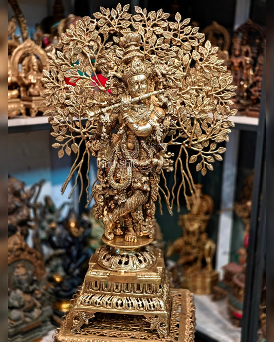Brass Lord Krishna statue with tree - 36 inch - Budhshiv.com