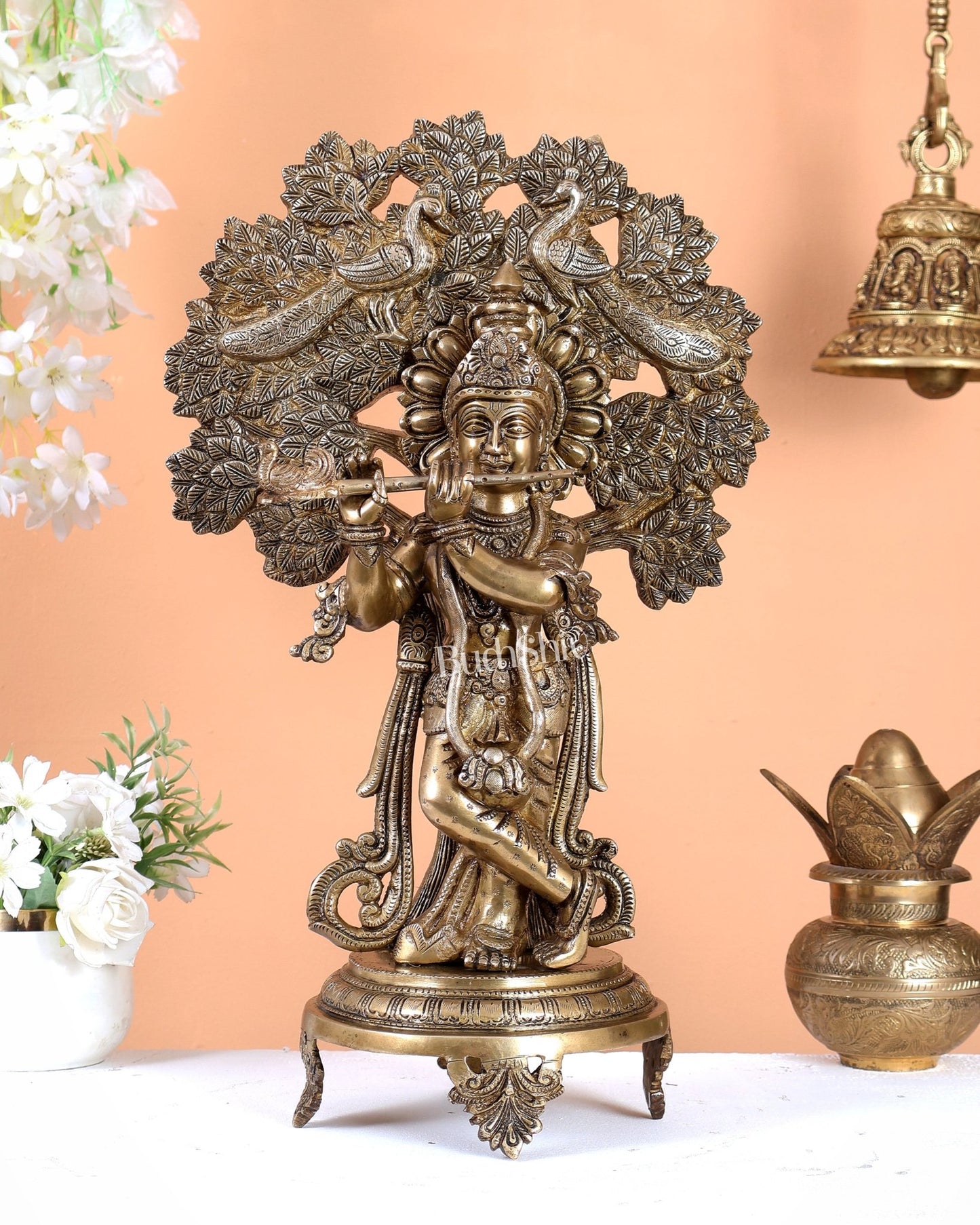 Brass Lord Krishna under Kalpavriksha 18" - Budhshiv.com