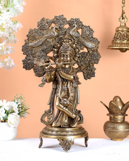 Brass Lord Krishna under Kalpavriksha 18" - Budhshiv.com
